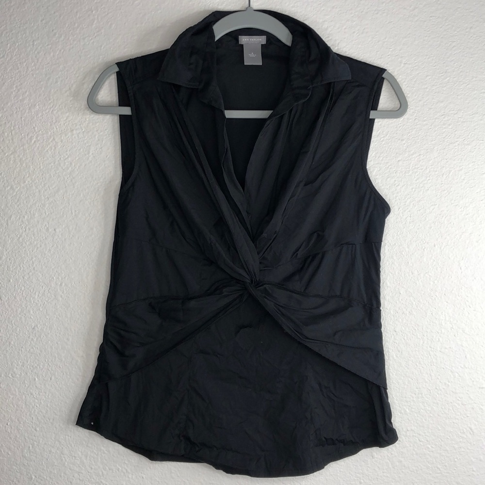 Ann Taylor tank top blouse touched knotted front v neck black unlined womens 4